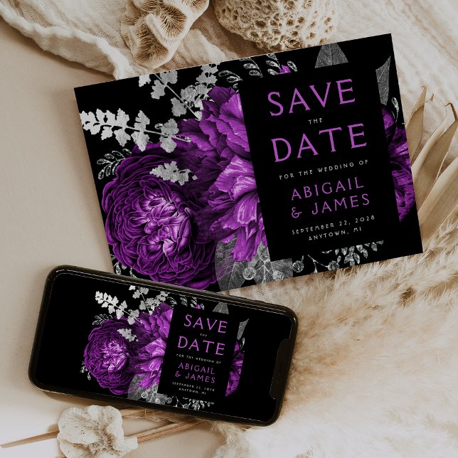 Dark Floral Plum Silver Wedding Save the Date Invitation (Creator Uploaded)