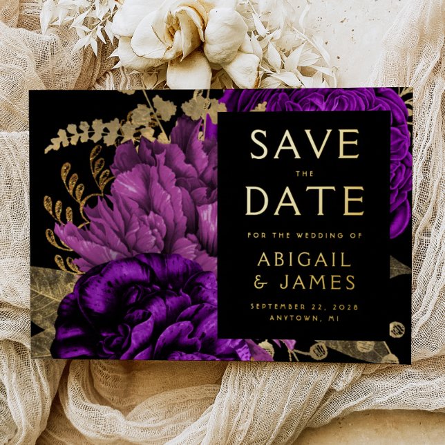 Dark Floral Purple Gold Wedding Save the Date Foil Invitation (Creator Uploaded)