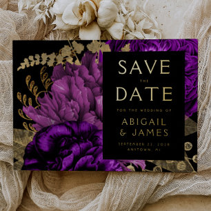 Dark Floral Purple Gold Wedding Save the Date Foil Invitation