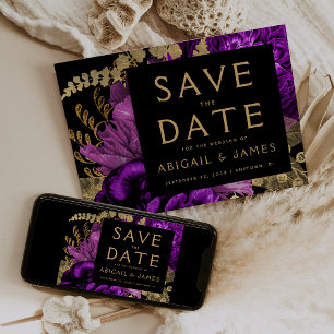 Dark Floral Purple Gold Wedding Save the Date Invitation