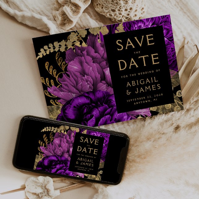 Dark Floral Purple Gold Wedding Save the Date Invitation (Creator Uploaded)