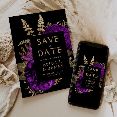 Dark Floral Purple Gold Wedding Save the Date Invitation