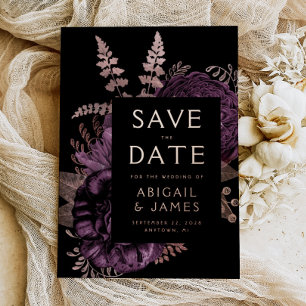 Dark Floral Purple Rose Gold Wedding Save the Date Foil Invitation