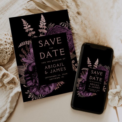 Dark Floral Purple Rose Gold Wedding Save the Date Invitation