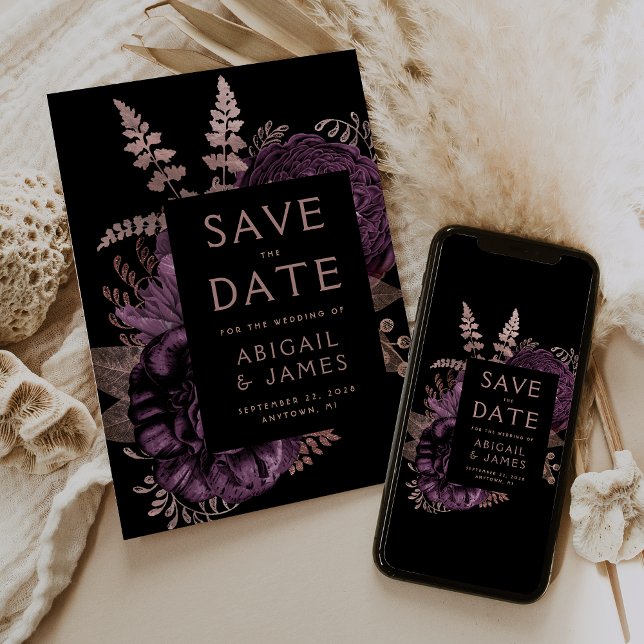 Dark Floral Purple Rose Gold Wedding Save the Date Invitation (Creator Uploaded)