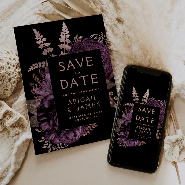 Dark Floral Purple Rose Gold Wedding Save the Date Invitation | Zazzle