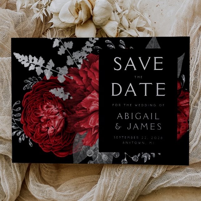 Dark Floral Red Silver Wedding Save the Date Foil Invitation (Creator Uploaded)