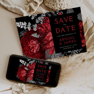 Dark Floral Red Silver Wedding Save the Date Invitation