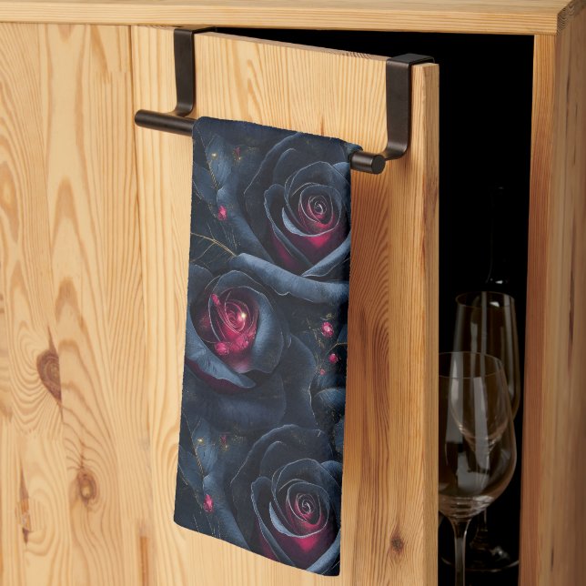Dark Floral Seamless Pattern -Black Roses and Ruby Kitchen Towel (Thirds Fold)