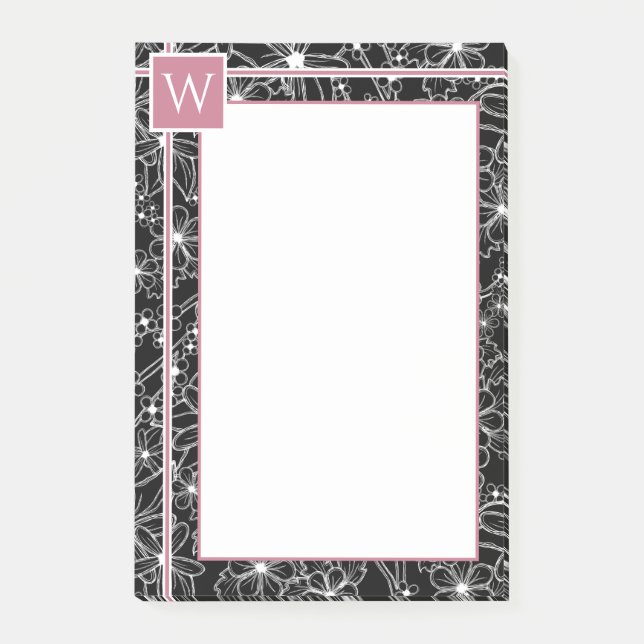Dark Floral Sketch Pattern Black Pink Monogram Post-it Notes (Front)