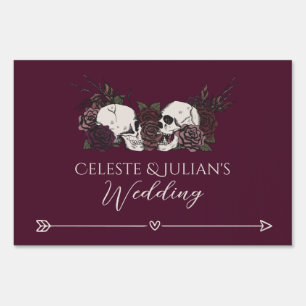 Dark Floral Skull Burgundy Directional Yard Sign