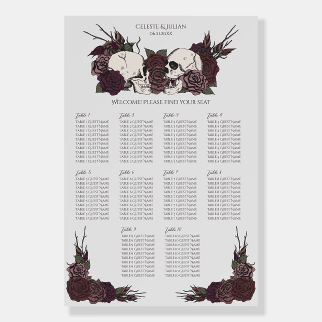 Dark Floral Skull Gray Seating Chart Sign (Front)