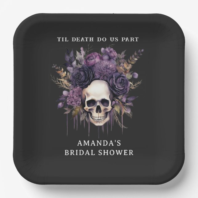 Dark Floral Skull Halloween Bridal Shower Paper Plates (Front)