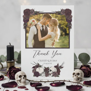 Dark Floral Skull Photo Wedding Thank You Card