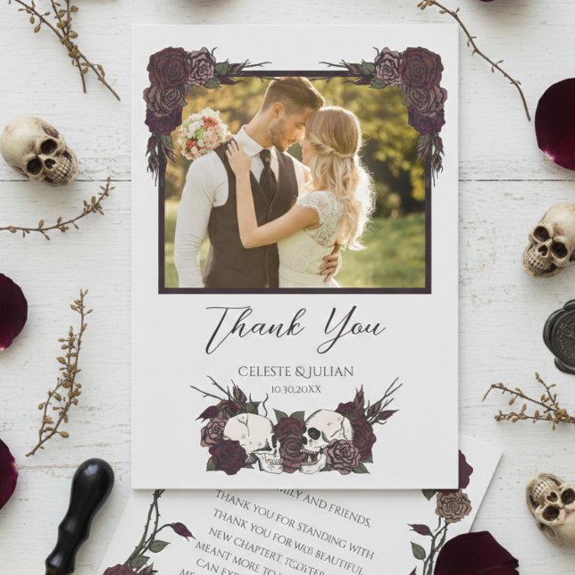 Dark Floral Skull Photo Wedding Thank You Card (Elegant Burgundy Dark Floral Skull and Rose Wedding Thank You Cards, Hand Drawn in Black Ink)
