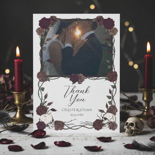 Dark Floral Skull Photo Wedding Thank You Card (Burgundy Soft Dark Floral Gothic or Whimsigoth Wedding Thank You Cards with Photo of Wedding Couple)