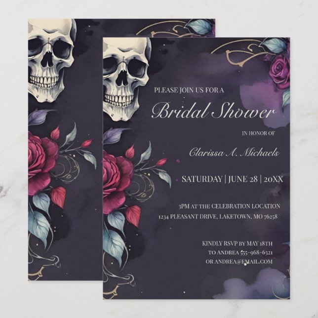 Dark Floral Skull & Rose Gothic Bridal Shower Invitation (Front/Back)
