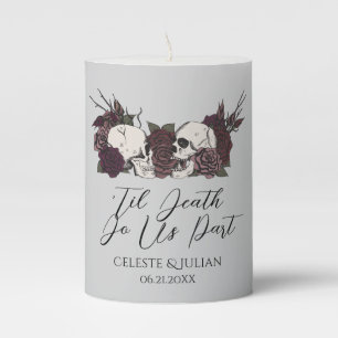 Dark Floral Skulls & Roses Gray Wedding Pillar Candle