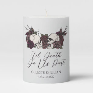 Dark Floral Skulls & Roses Gray Wedding Pillar Candle