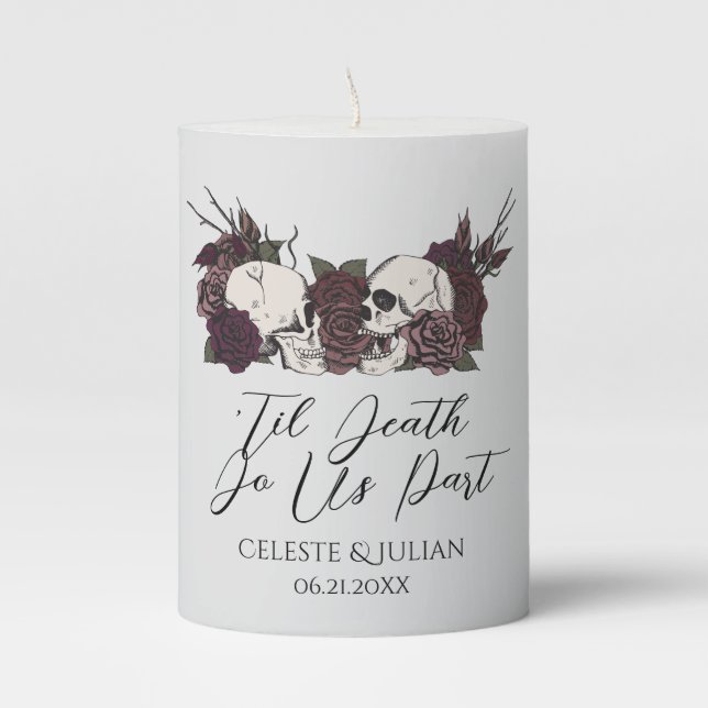 Dark Floral Skulls & Roses Til Death Wedding Pillar Candle (Front)