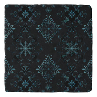 Dark Floral Teal and Blue Ornamental Symmetry Trivet