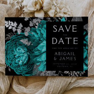 Dark Floral Teal Blue Silver Wedding Save the Date Foil Invitation