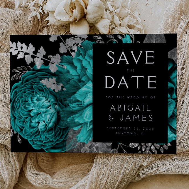 Dark Floral Teal Blue Silver Wedding Save the Date Foil Invitation (Creator Uploaded)