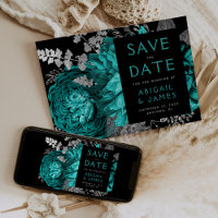 Dark Floral Teal Blue Silver Wedding Save the Date