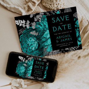 Dark Floral Teal Blue Silver Wedding Save the Date Invitation