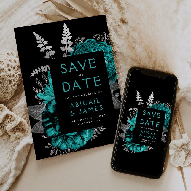 Dark Floral Teal Silver Wedding Save the Date Invitation (Creator Uploaded)