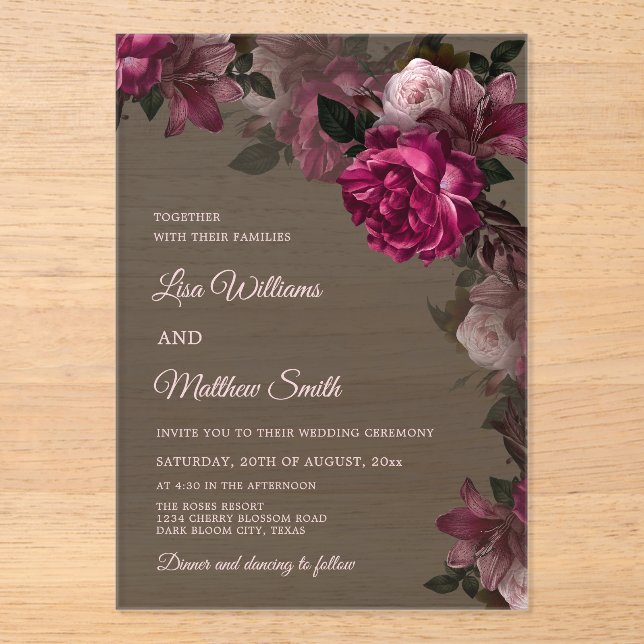 Dark Floral Transparent Wedding Acrylic Invitation (Front)