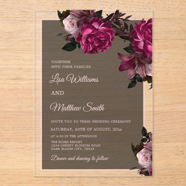 Dark Floral Transparent Wedding Acrylic Invitations (Front)