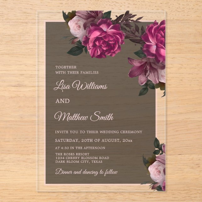 Dark Floral Transparent Wedding Acrylic Invitations (Front)