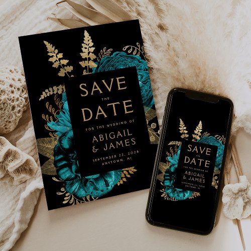 Dark Floral Turquoise Gold Wedding Save the Date Invitation