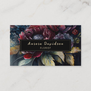 Dark Floral Watercolor Burgundy Black Business Card