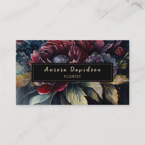 Dark Floral Watercolor Burgundy Black Business Card