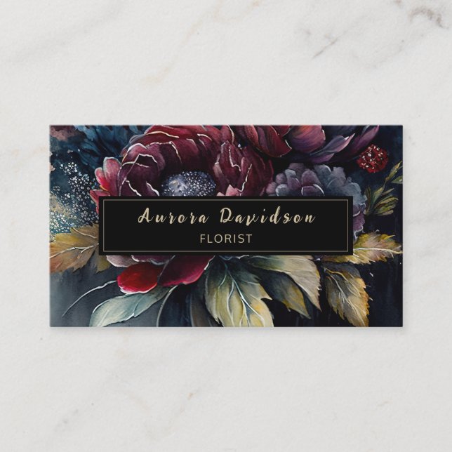 Dark Floral Watercolor Burgundy Black Business Card (Front)