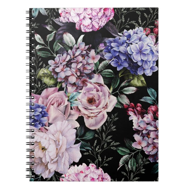 Dark Floral Watercolor Seamless Design Notebook (Front)