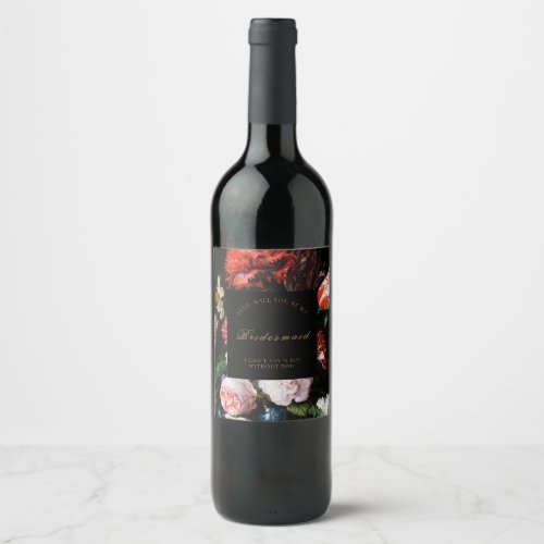 Dark Floral Wedding Bridesmaid Wine Label