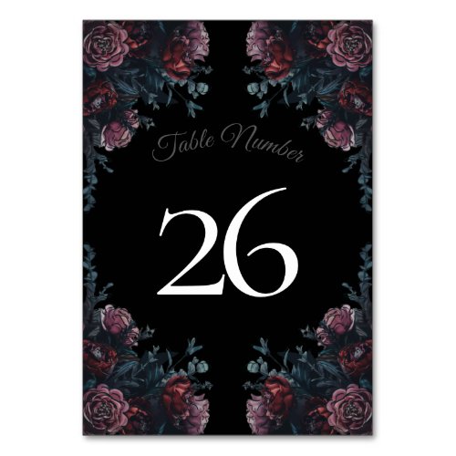 Dark Floral Wedding Gothic Black Elegant Table Number