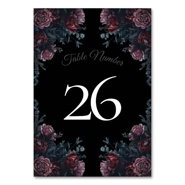 Dark Floral Wedding Gothic Black Elegant Table Number (Back)
