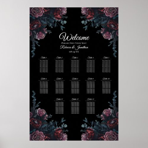 Dark Floral Wedding Gothic Black Seating Chart