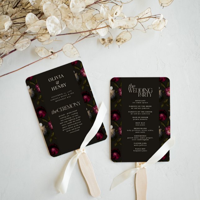 Dark Floral Wedding Program Elegant Burgundy Hand Fan (Creator Uploaded)