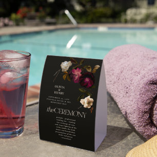 Dark Floral Wedding Program Elegant Burgundy Paper Table Tent