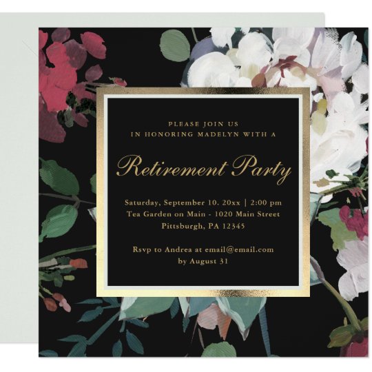 Dark Floral with Faux Gold Frame Retirement Party Invitation | Zazzle.com