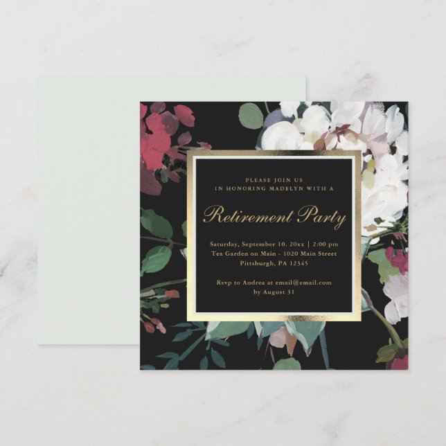 Dark Floral with Faux Gold Frame Retirement Party Invitation (Front/Back)