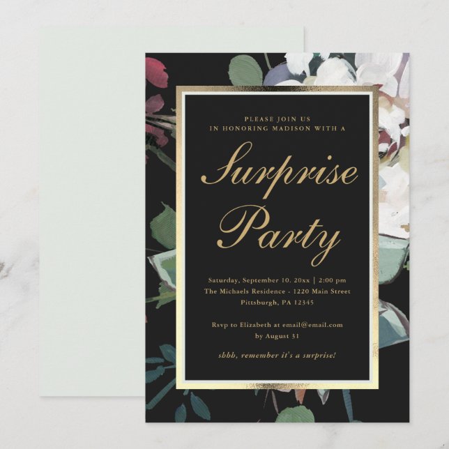 Dark Floral with Faux Gold Frame Surprise Party Invitation (Front/Back)