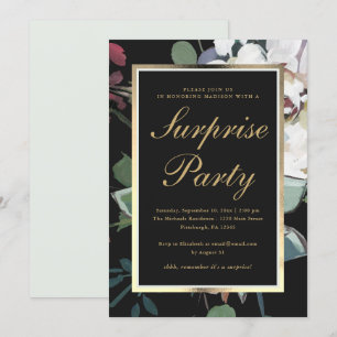 Dark Floral with Faux Gold Frame Surprise Party Invitation