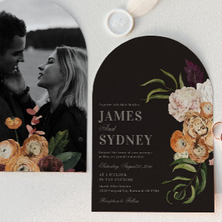 Dark Florals Arch Photo Wedding Invitation