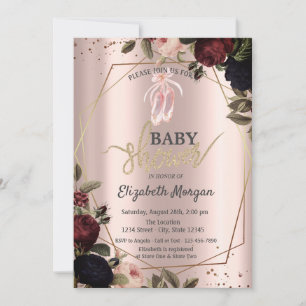 Dark Flowers Ballet Shoes Rose Gold Baby Shower Invitation